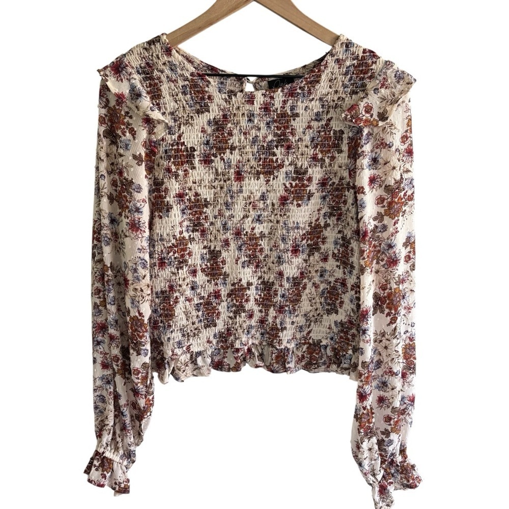 Floral Smocked Boho Blouse Size XL Cottagecore Peasant Ruffles Casual